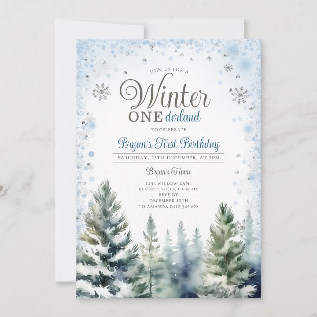 Invitación Invierno Onederland Silver Snowflakes Tree Birday (Anverso)
