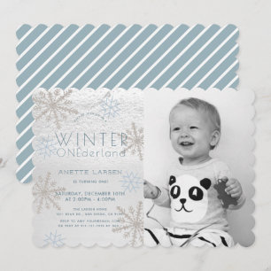 Invitación Invierno Onederland Snowflake Blue Photo1Cumpleaño