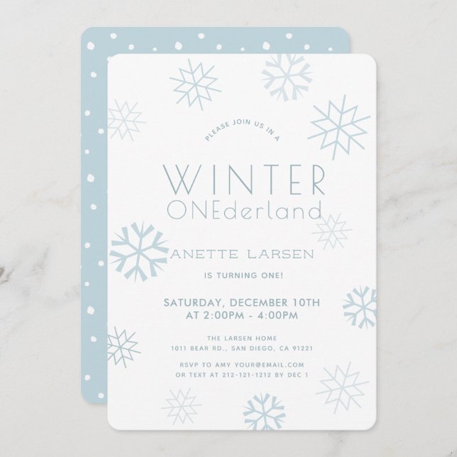 Invitación Invierno Onederland Snowflake Blue Primer cumpleañ (Anverso / Reverso)