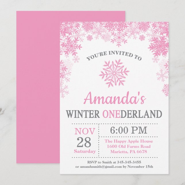 Invitación Invierno Onederland Snowflake Chica Rosa (Anverso / Reverso)