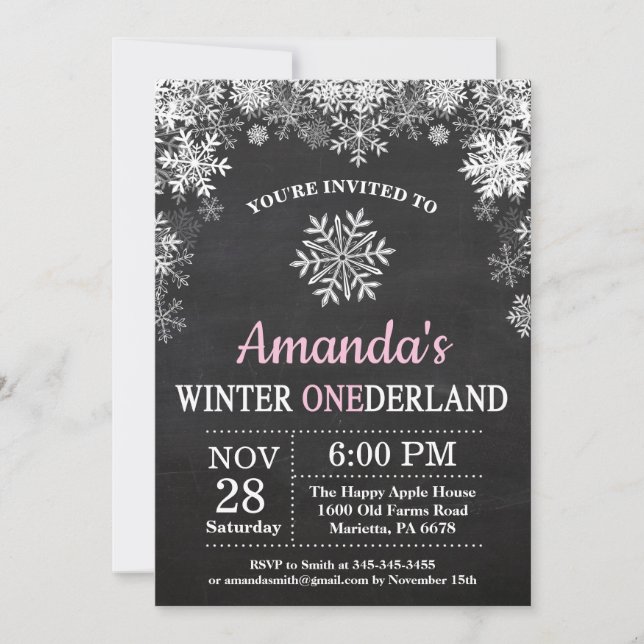 Invitación Invierno Onederland Snowflake Chica Rosa (Anverso)