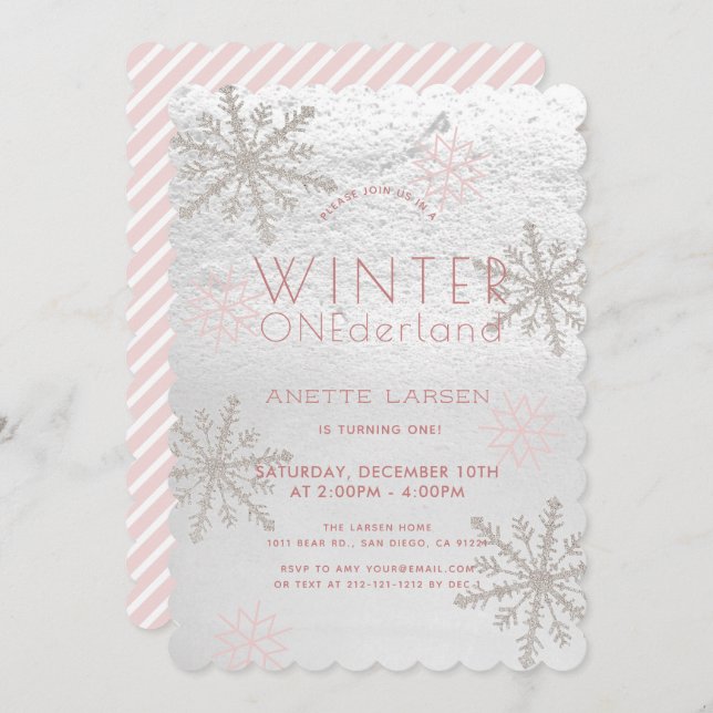 Invitación Invierno Onederland Snowflake Rosa Primer cumpleañ (Anverso / Reverso)