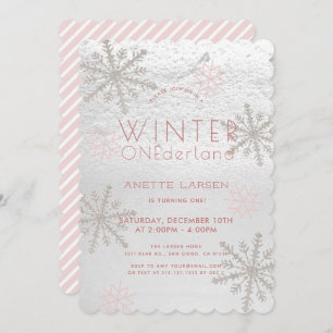 Invitación Invierno Onederland Snowflake Rosa Primer cumpleañ