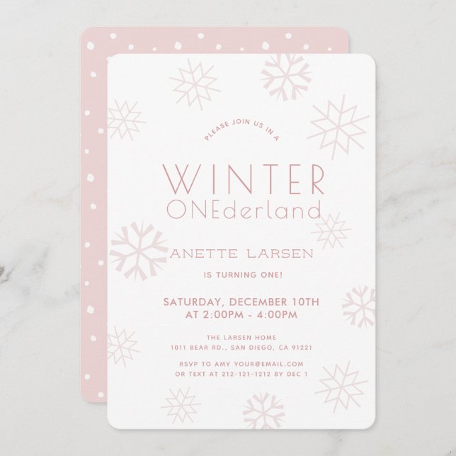 Invitación Invierno Onederland Snowflake Rosa Primer cumpleañ (Anverso / Reverso)