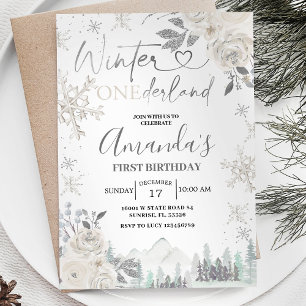 Invitación Invierno Onederland Snowflake White Floral Cumplea