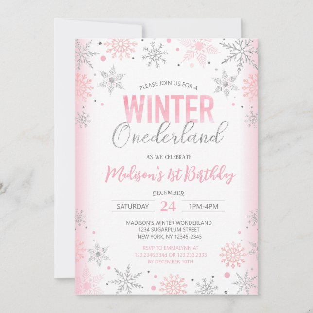 Invitación Invierno Onederland Snowflakes Primer cumpleaños (Anverso)