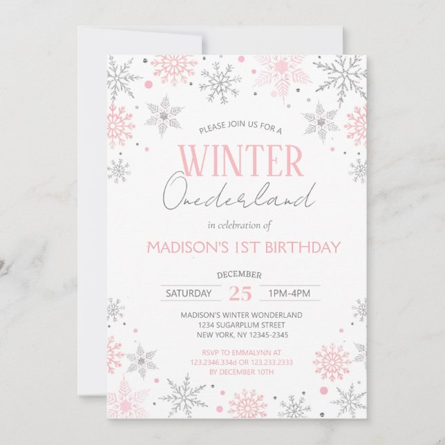 Invitación Invierno Onederland Snowflakes Primer cumpleaños (Anverso)