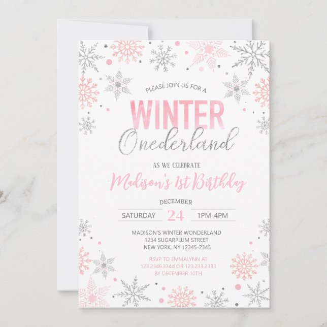 Invitación Invierno Onederland Snowflakes Primer cumpleaños (Anverso)