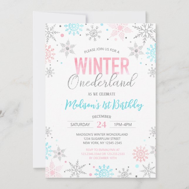 Invitación Invierno Onederland Snowflakes Primer cumpleaños (Anverso)