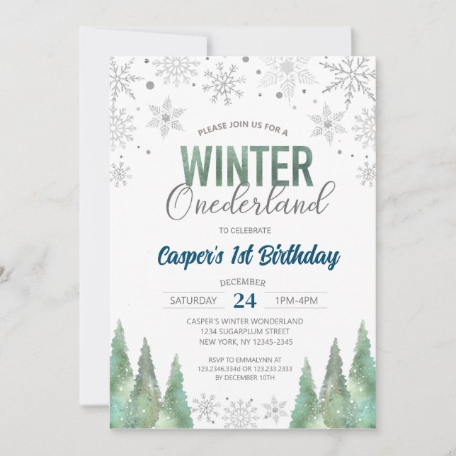 Invitación Invierno Onederland Snowflakes Primer cumpleaños (Anverso)