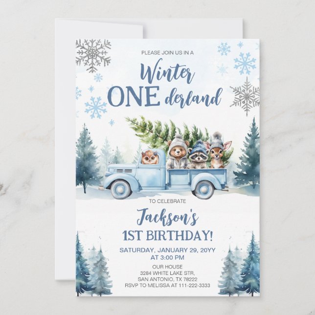 Invitación Invierno Onederland Woodland Animales 1er cumpleañ (Anverso)