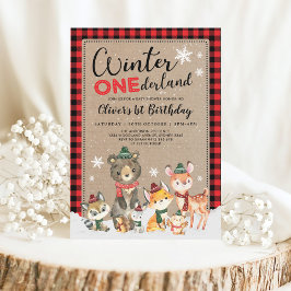 Invitación Invierno Onederland Woodland Animales 1er cumpleañ