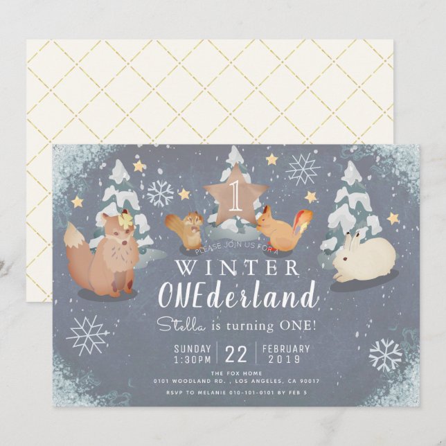 Invitación Invierno Onederland Woodland Animales 1er cumpleañ (Anverso / Reverso)