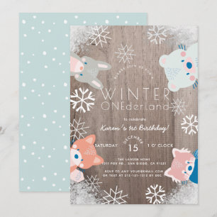 Invitación Invierno Onederland Woodland Animales Blue Birthda