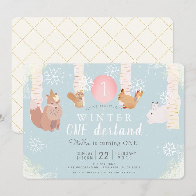Invitación Invierno Onederland Woodland Animales Cumpleaños (Anverso / Reverso)