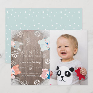 Invitación Invierno Onederland Woodland Animales Foto Cumplea
