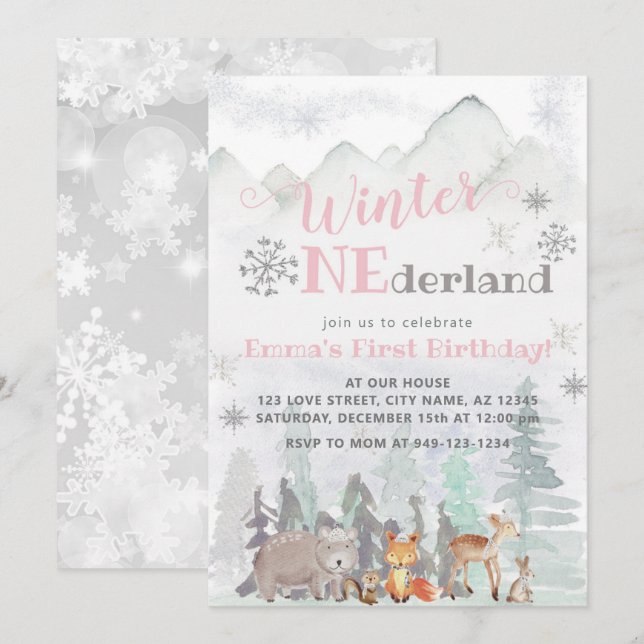 Invitación Invierno Onederland Woodland Forest Animals Cumple (Anverso / Reverso)
