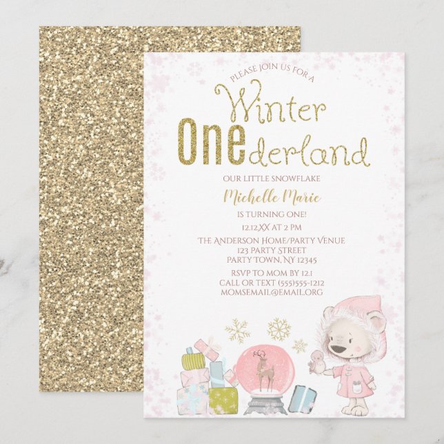 Invitación Invierno Onederland Woodland Primer cumpleaños (Anverso / Reverso)