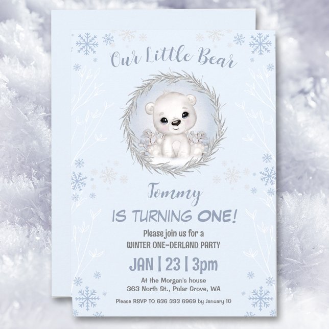 Invitación Invierno Oso Polar Azul de Omán Primer Cumpleaños (Winter Onederland Blue Polar Bear 1st Birthday Invitation)