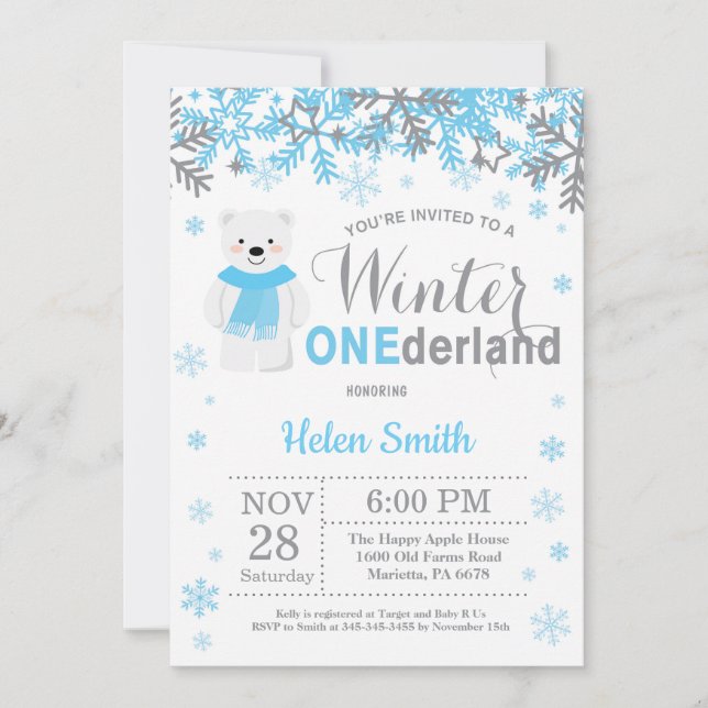 Invitación Invierno Oso Polar Boy Primer cumpleaños (Anverso)