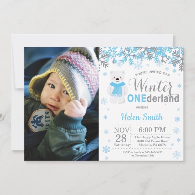 Invitación Invierno Oso Polar Boy Primer cumpleaños (Anverso)