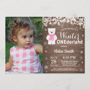 Invitación Invierno Oso Polar Chica Primer Cumpleaños