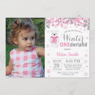 Invitación Invierno Oso Polar Chica Primer Cumpleaños