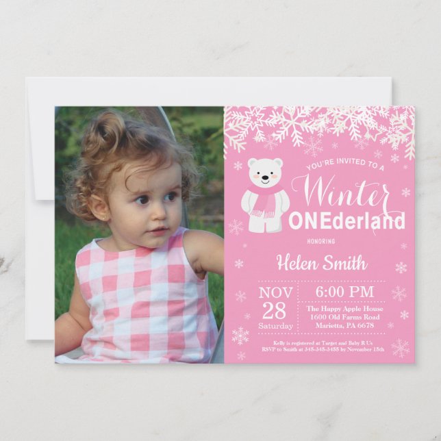 Invitación Invierno Oso Polar Chica Primer Cumpleaños (Anverso)