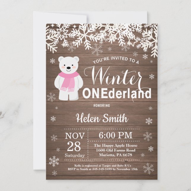 Invitación Invierno Oso Polar Chica Primer Cumpleaños (Anverso)
