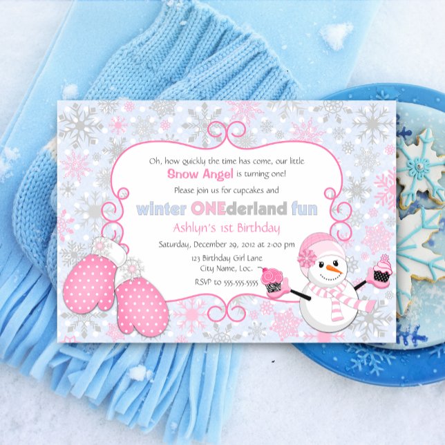 Invitación Invierno personalizado One-derland Primer cumpleañ (Winter one-derland birthday party invitation for first birthday party, front view.)