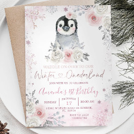 Invitación Invierno pingüino Pastel Flores Rosa Cumpleaños