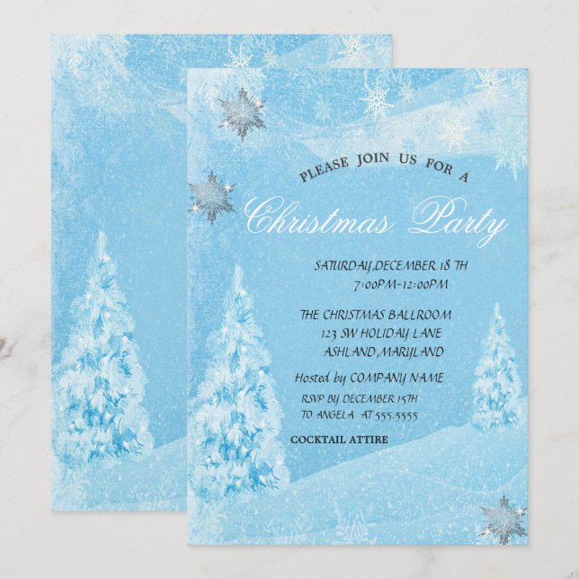 Invitación Invierno, Pino, Copos de Nieve  Fiesta de Navidad (Anverso / Reverso)
