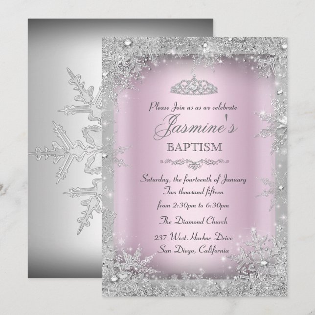 Invitación Invierno plateado Maravilla Bautismo Rosa Christen (Anverso / Reverso)
