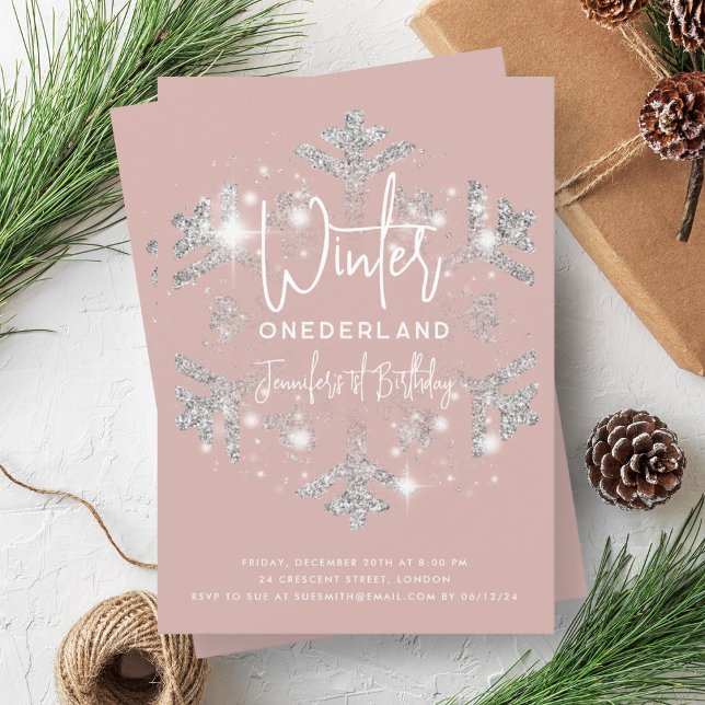 Invitación Invierno plateado ONEDERLAND Cumpleaños Rosa Dusty (Silver Winter ONEDERLAND Birthday Dusty Rose Invitation)