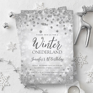 Invitación Invierno plateado ONEDERLAND Purpurina 1er cumplea