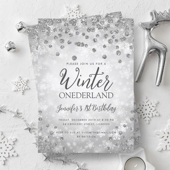 Invitación Invierno plateado ONEDERLAND Purpurina 1er cumplea (Silver Winter ONEDERLAND Glitter 1st Birthday Invitation)