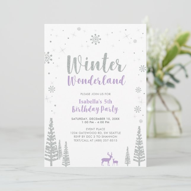 Invitación Invierno plateado y morado Wonderland Chica Cumple (Anverso de pie)