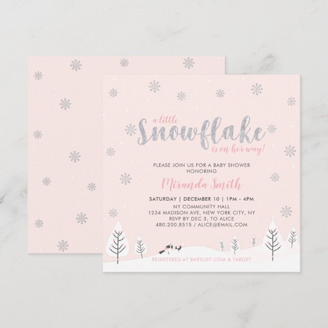 Invitación Invierno plateado y rosa Wonderland Chica Baby Sho (Anverso / Reverso)