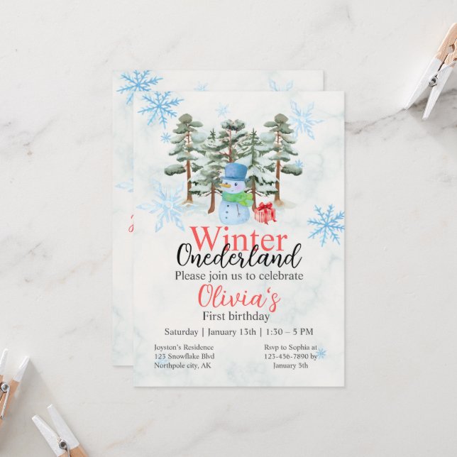 Invitación Invierno Primer cumpleaños de Onederland Prima de  (Anverso/Reverso In Situ)