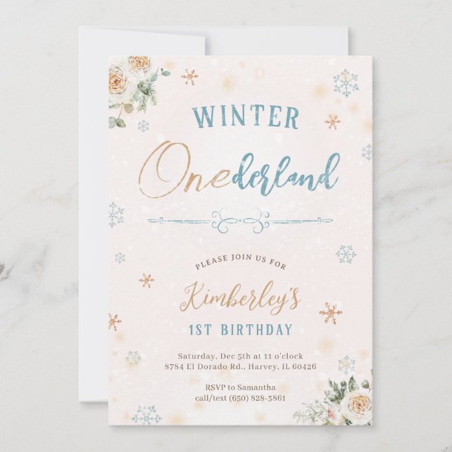 Invitación Invierno Primer cumpleaños Maravilla Temática Prim (Anverso)