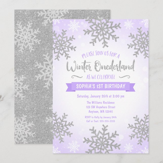 Invitación Invierno Purple Silver Onederland Primer cumpleaño (Anverso / Reverso)