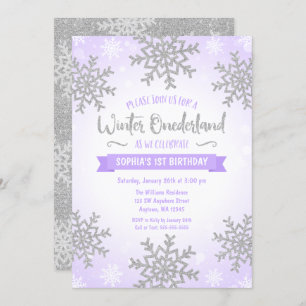 Invitación Invierno Purple Silver Onederland Primer cumpleaño
