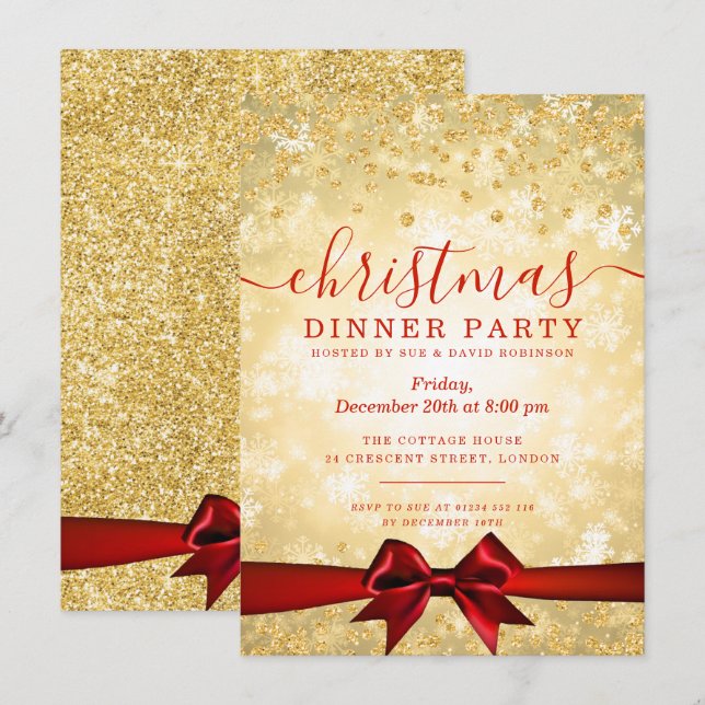 Invitación Invierno Purpurina de Navidades Rojos de Oro moder (Anverso / Reverso)