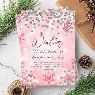 Invitación Invierno Rojo Plata Festivo ONEDERLAND 1er cumplea
