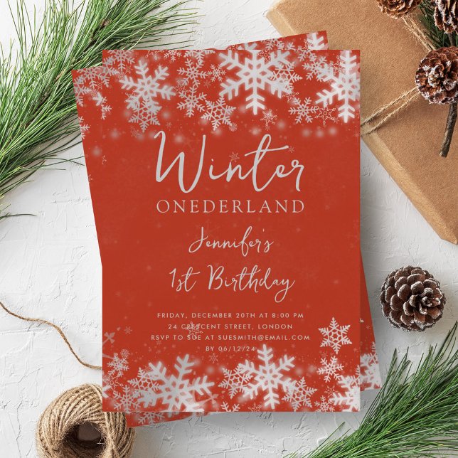 Invitación Invierno Rojo Plata Simple ONEDERLAND Primer Cumpl (Simple Silver Red Winter ONEDERLAND 1st Birthday Invitation)
