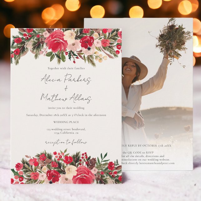 Invitación Invierno rojo verde Foto floral Boda de código Qr (Red green winter Floral photo Qr code Wedding Invitation)