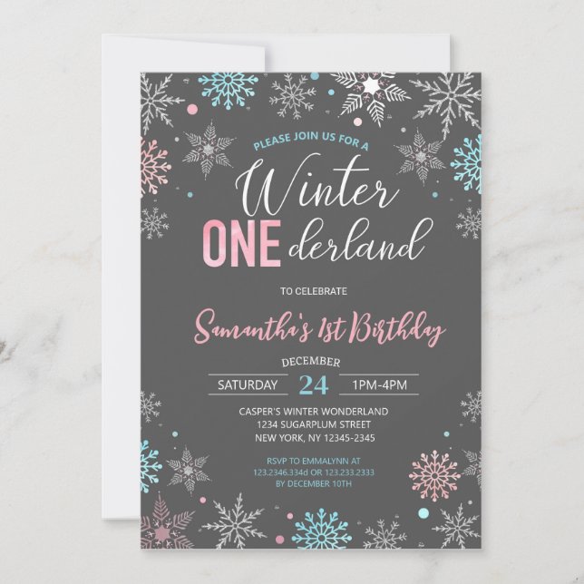 Invitación Invierno rosa azul Terranova Copo de Nieve Primer  (Anverso)