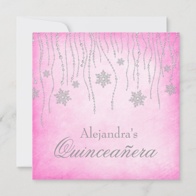 Invitación Invierno rosa caliente Wonderland Snowflakes Quinc (Anverso)