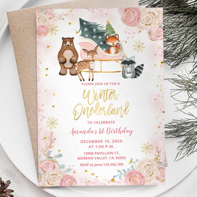 Invitación Invierno rosa de los bosques de animales Nacido en (Subido por el creador)