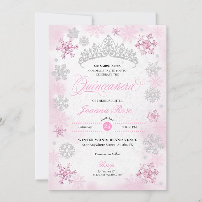 Invitación Invierno rosa Maravilla de nieve Quinceanera (Anverso)